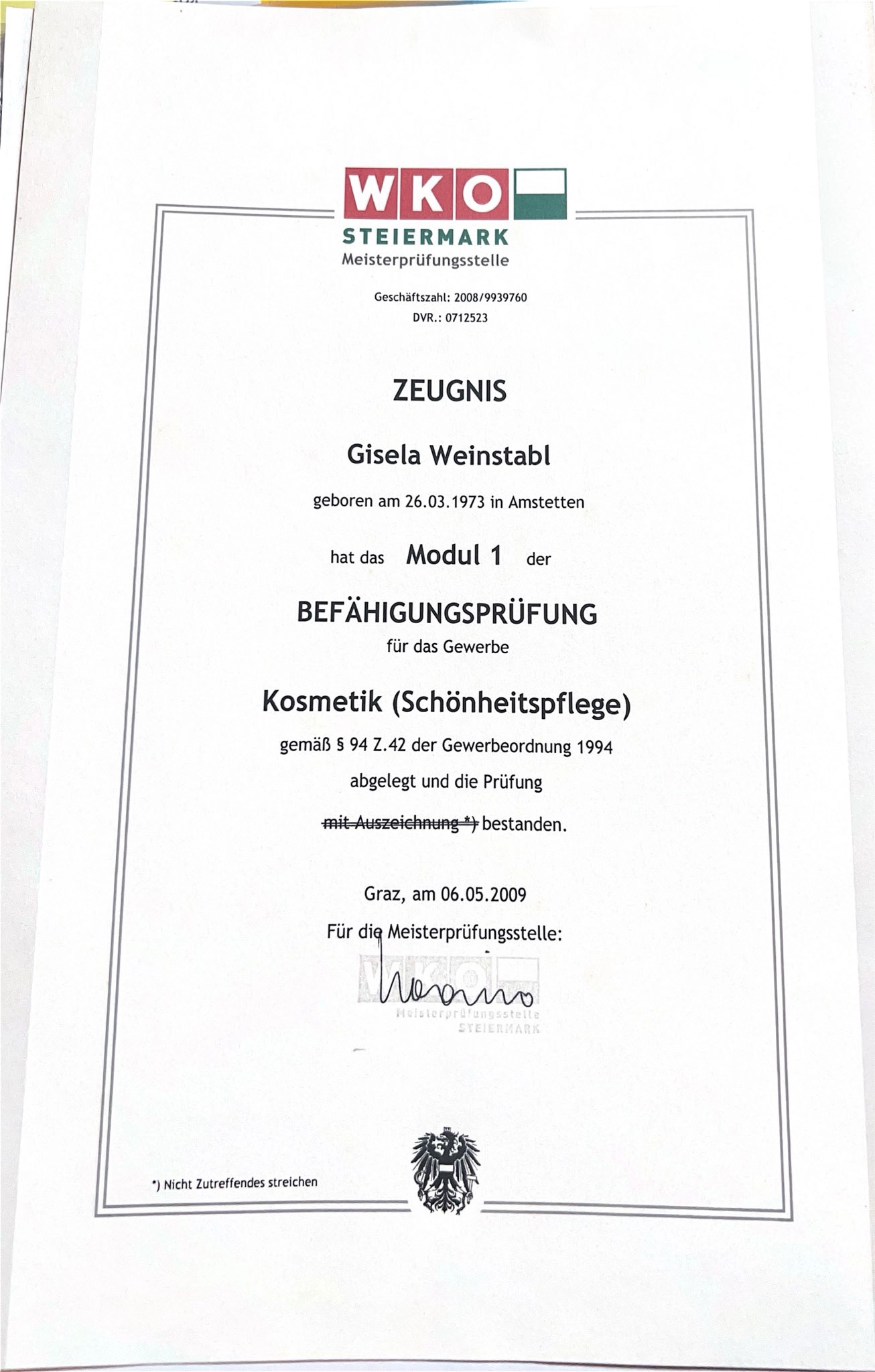 Kosmetikhof Gisela Huber Zeugnis