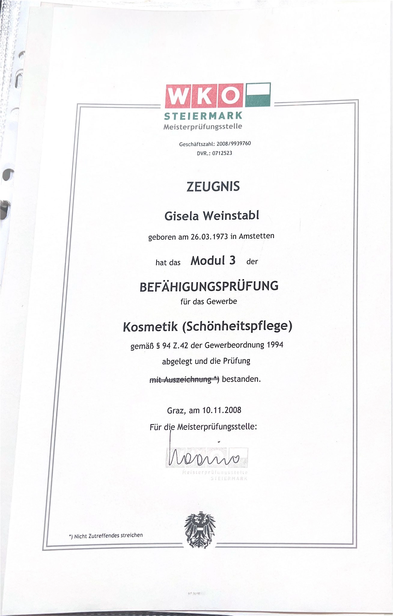 Kosmetikhof Gisela Huber Zeugnis